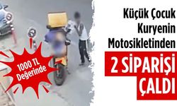 Küçük çocuk kuryenin motosikletinden 2 siparişi çaldı