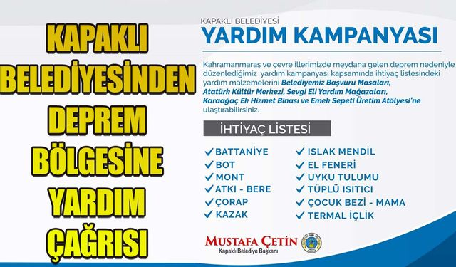 Kapaklı Belediyesinden deprem bölgesine yardım çağrısı