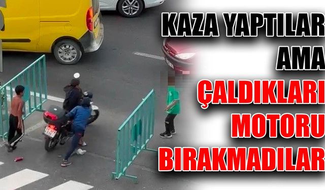 Kaza yaptılar ama çaldıkları motoru bırakmadılar