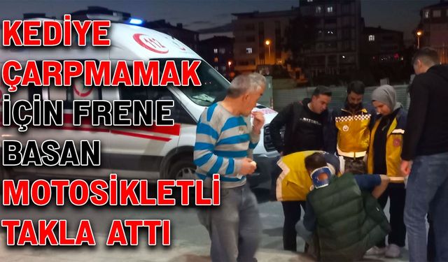 Kediye çarpmamak için fren yapan motosikletli takla attı