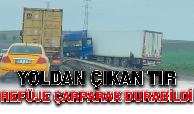 Yoldan çıkan tır refüje çarparak durabildi