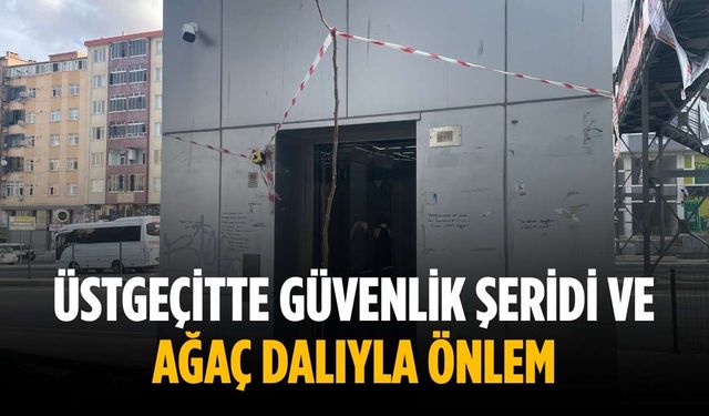 Üstgeçitte güvenlik şeridi ve ağaç dalıyla önlem